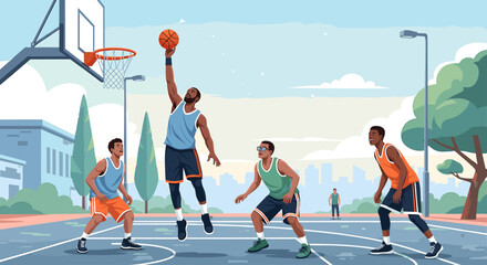 Group of young men playing basketball on an outdoor court in the city park. © Syaiin