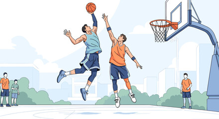 Two basketball players competing for a slam dunk on an outdoor court. © Syaiin