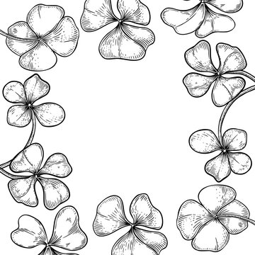 Clover black and white vector frame for St. Patrick's Day celebration with space for text. Four leaf clover monochrome border hand drawn. Square blank with shamrock luck symbol for greeting card.