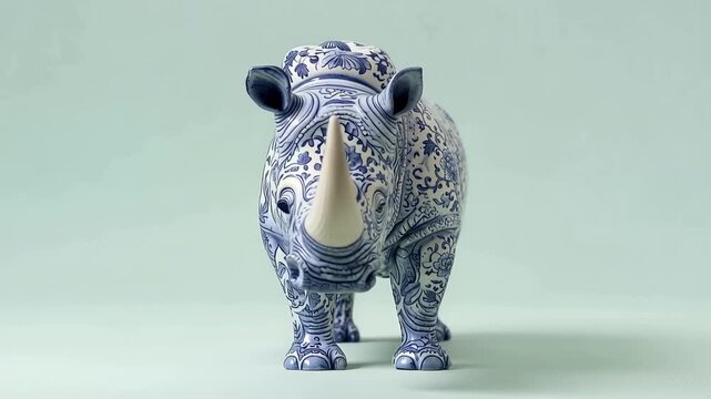 Slow motion tracking pan of porcelain rhinoceros figurine turning and approaching camera on minimal studio tabletop with blue floral pattern and soft daylight