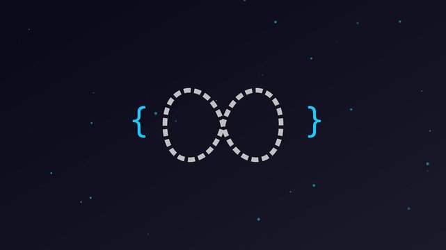 Infinity symbol with coding brackets animation: digital tech 4k background, programming