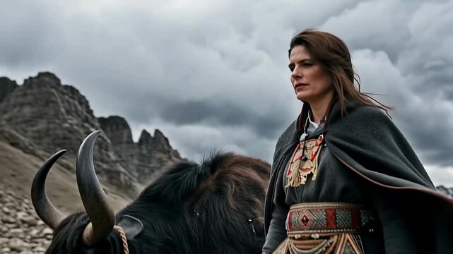 Tracking shot of woman leading yak across rocky mountain pass in traditional clothing under stormy overcast sky, dramatic muted light and cold highland atmosphere
