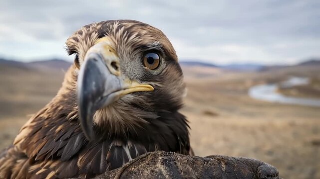 Slow motion tracking shot of golden eagle turning head and perching on gloved fist in open tundra valley by winding river under overcast sky