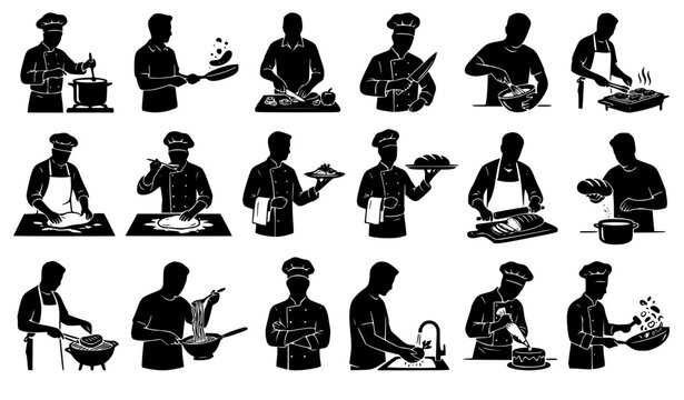 Cooking Man Silhouette Vector Bundle &ndash; Male Chef and Home Cook Black Silhouette Collection Isolated on White Background
