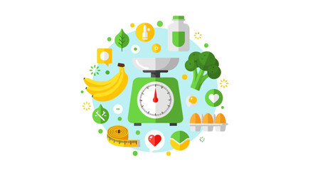 Fototapeta premium Healthy Diet and Weight Loss Concept Illustration with Kitchen Scale, Nutrition Icons, and Fresh Food