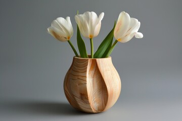 Obraz premium White tulips elegantly arranged in a carved wooden vase