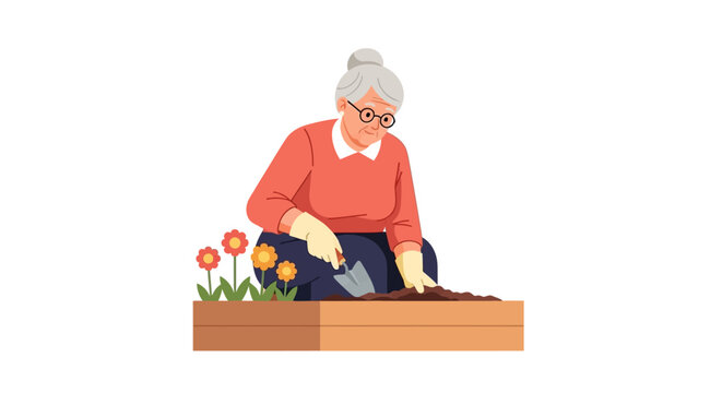 Elderly Woman Gardening in Raised Plant Bed Illustration, Senior Lady Planting Flowers with Trowel Flat Vector Art Isolated on White