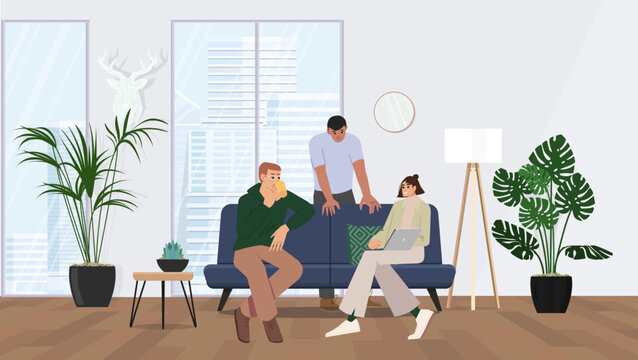 A team of young people discuss a project in startup office. Vector illustrations.