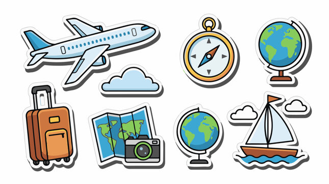 A set of travel-related icons including an airplane compass globe suitcase map camera and sailboat