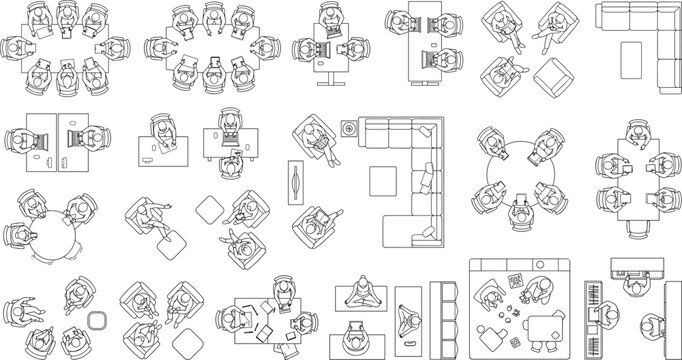 Top view people and furniture line art vector collection for architectural floor plans and interior design