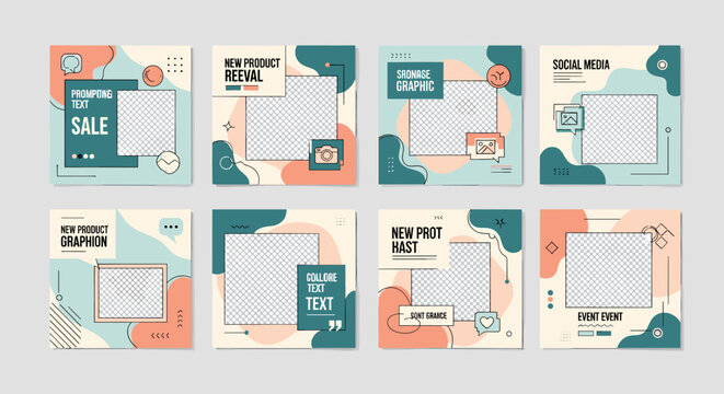Set of modern social media post templates with abstract geometric shapes and photo placeholders.