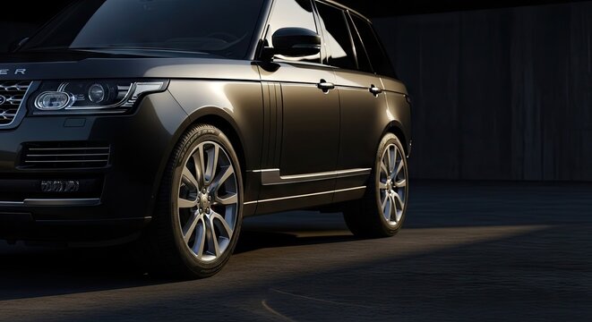 Black luxury SUV parked in dark modern garage.