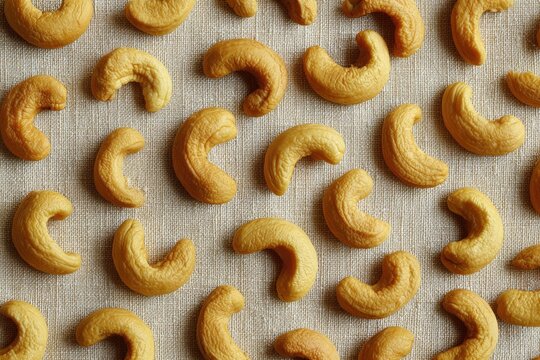 Overhead shot showcases numerous golden-brown, curved nuts evenly arranged on a textured, light-toned surface