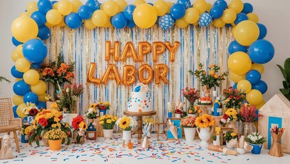 Fototapeta premium Colorful Decorations and Balloons for Labor Day Celebration in a Party Setting