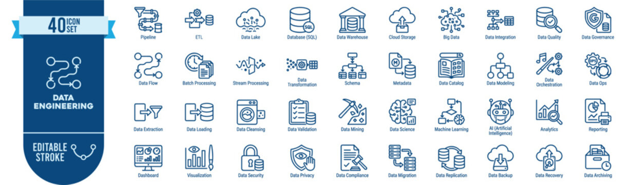 Data Engineering. 40 icons flat line design set featuring pipeline, ETL, data warehouse, cloud storage, big data, machine learning and analytics symbols isolated with editable strokes for it projects.