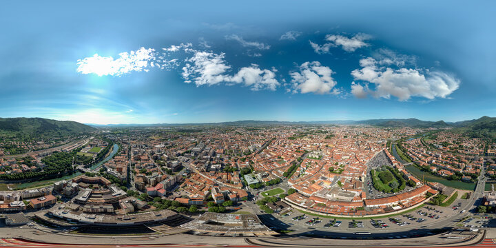 Prato, Tuscany. 360 aerial drone panorama of cityscape and surrounding landscape
