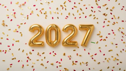 Fototapeta premium Celebration of New Year 2027 With Colorful Confetti and Golden Numbers