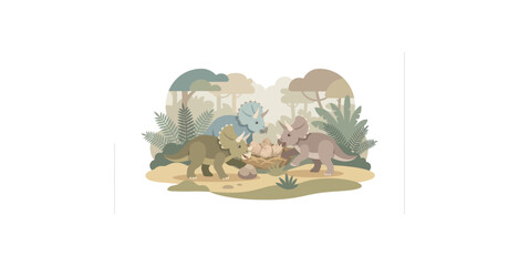 Triceratops Family with Eggs Vector Illustration © SaljuCreative