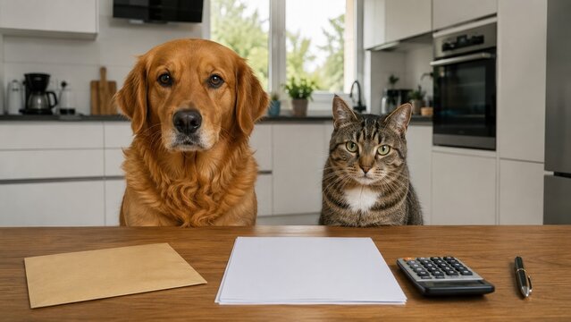 Dog and cat sit at a kitchen table beside blank forms for pet insurance and veterinary planning