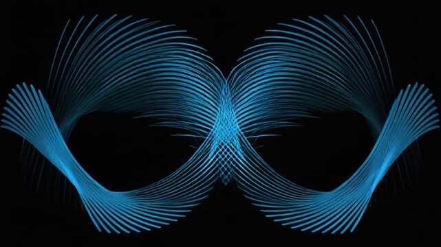 Symmetrical abstract image featuring curving blue lines creating two heart-like shapes, set against black