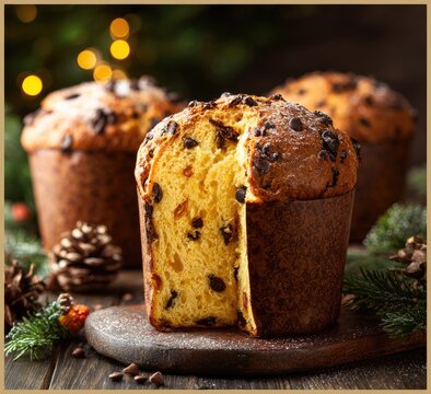 Three chocolate chip panettone, one sliced, sit with pinecones and greenery on wooden table