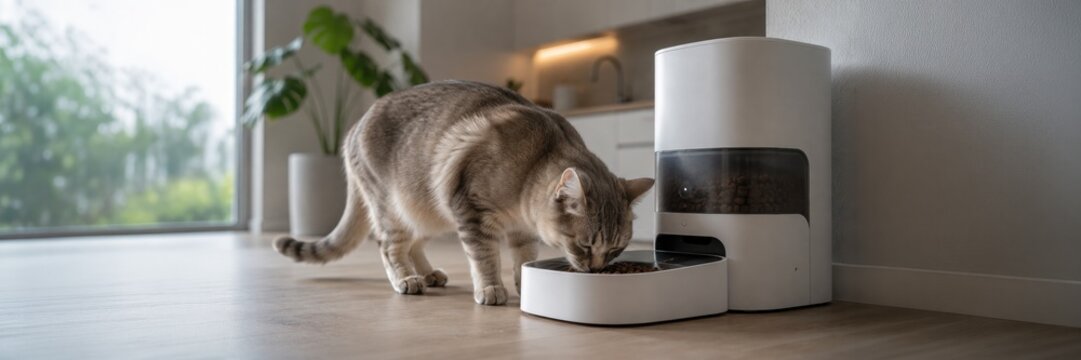 Tabby cat eats from an automatic pet feeder on the floor in a bright home interior