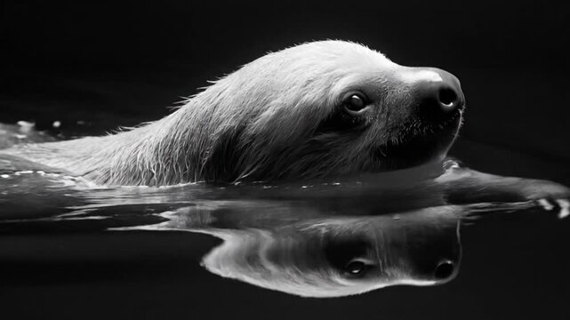 A grayscale image showcases a sloth swimming in the water, only the head visible with reflection