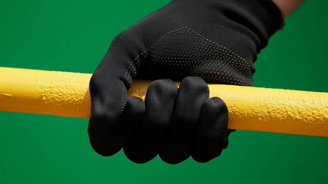 Hand in black glove gripping yellow metal bar against green background.