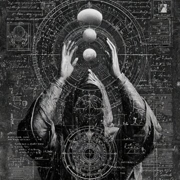 A robed figure with hands raised toward floating spheres, overlaid with ancient astronomical charts