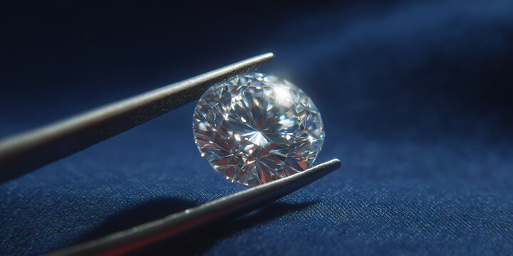 A brilliant diamond held by tweezers, sparkling under soft light. The gemstone showcases its facets and clarity against a dark blue fabric background