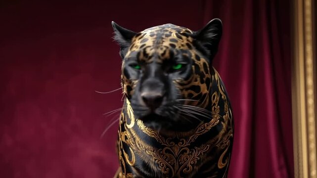 Slow tracking pan of panther with gold ornate patterns turning and prowling on red velvet drapery in indoor studio dramatic moody portrait with emerald eyes