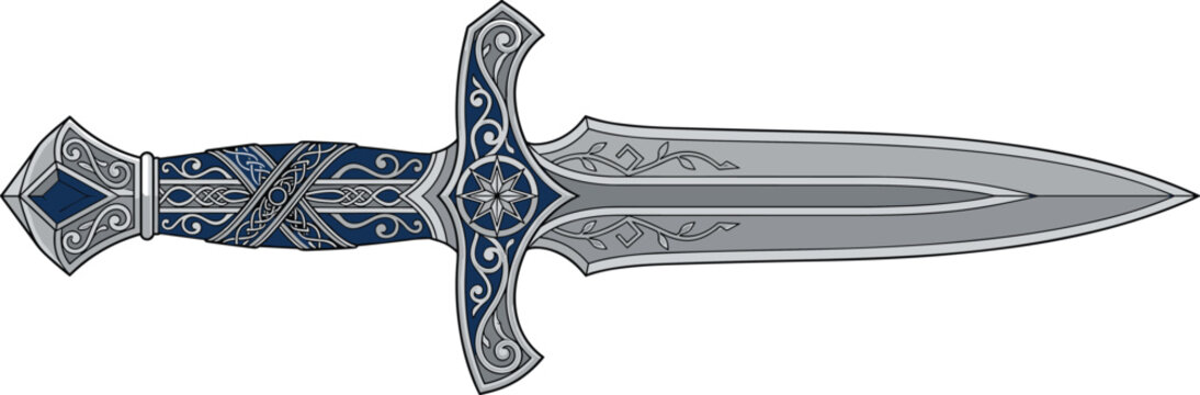 Ornate fantasy dagger illustration with intricate silver and blue filigree details isolated on a white background