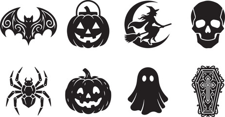 Obraz premium Halloween theme vector graphics with bat skull spider and witch.