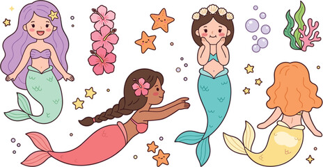 Cute cartoon mermaid character vector illustration set featuring little sea princesses starfish hibiscus flowers seaweed and coral reefs © Rukhsana