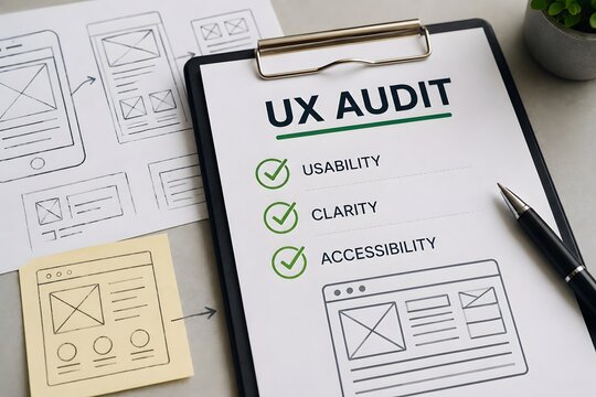UX audit checklist on a clipboard with Usability, Clarity, and Accessibility marked as complete, with wireframes and a pen nearby for the concept of website design and user experience analysis.