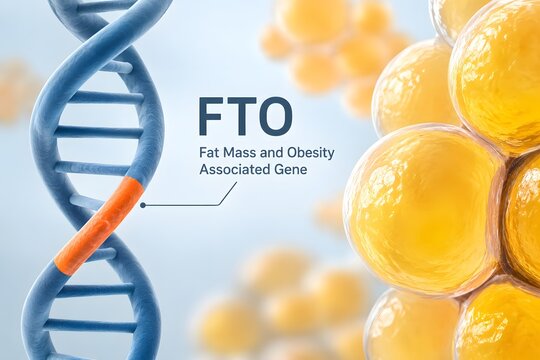 FTO gene with DNA strand and fat cell for science and health.