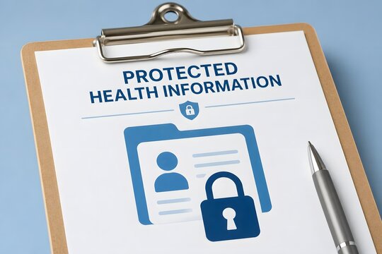 Protected Health Information document on a clipboard with a pen, emphasizing data security and privacy.
