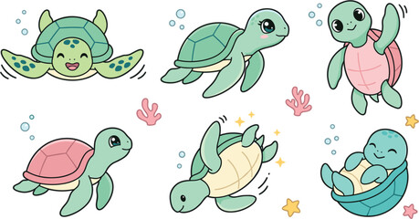 Cute cartoon sea turtle character vector illustration set showing different happy poses swimming waving and rolling upside down © Rukhsana