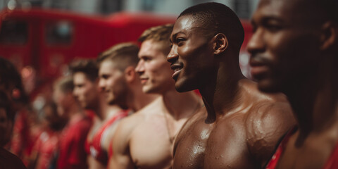 Fototapeta premium A line of diverse, athletic men in red, appearing to be a team, ready for competition or an event