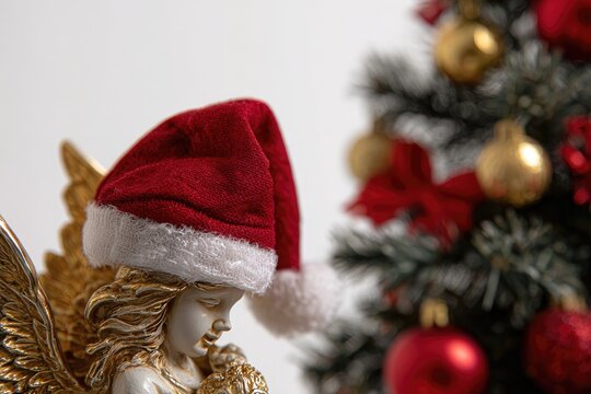 A golden angel statue wearing a Santa hat next to a decorated evergreen tree