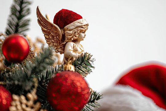 Close-up of angel ornament atop a decorated tree and red Santa hat against a white background