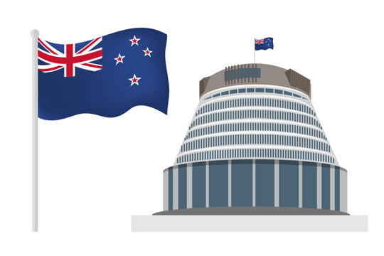 The Beehive Parliament building in Wellington, New Zealand, national flag on flagpole, vector illustration isolated on white background