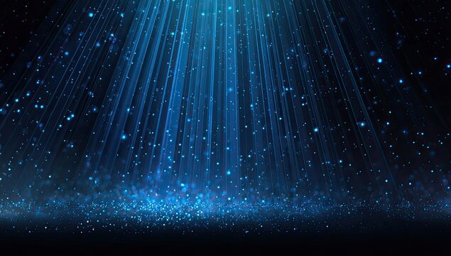 Abstract blue light beams illuminate with shimmering bokeh against a dark backdrop