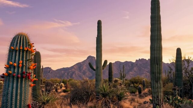 Panning shot across saguaro cactus with ripening fruit standing in arid desert scrub at sunset, mountain range in background and warm pink twilight sky