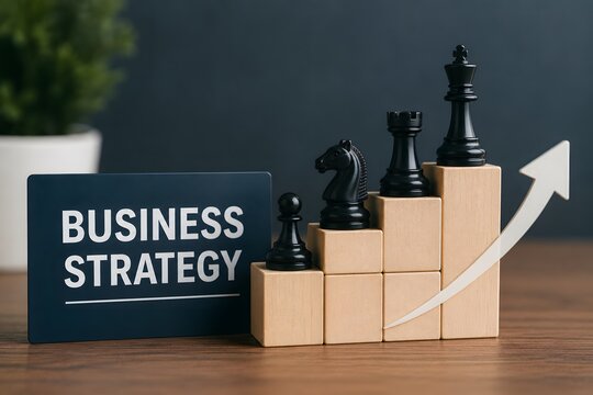 Business strategy and chess pieces on a wooden step chart represent growth and strategic planning.