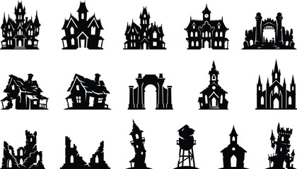Obraz premium Halloween Haunted House Silhouette Icon Set with Spooky Castle and Gothic Building Collection
