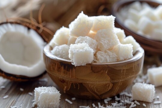 Sweet coconut candy pieces presented in wooden bowl with shredded coconut flakes
