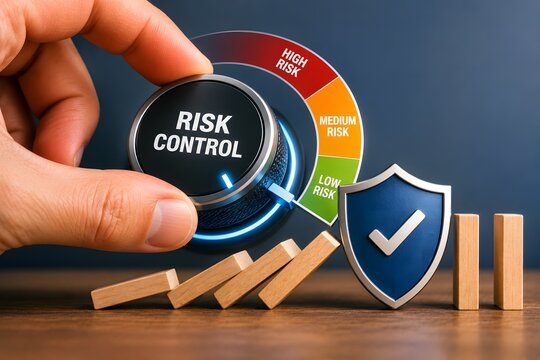 Risk control knob with falling dominoes and a shield for the concept of business strategy and security.