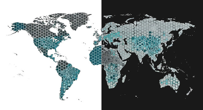 World map with colored regions on black and white backgrounds.