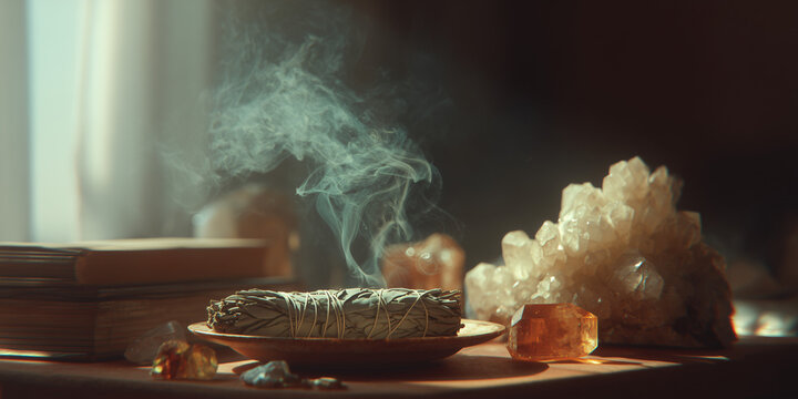 Burning sage smudging stick on a plate, releasing fragrant smoke, surrounded by crystals and books, in soft, warm lighting. A ritualistic scene promoting wellness and tranquility.